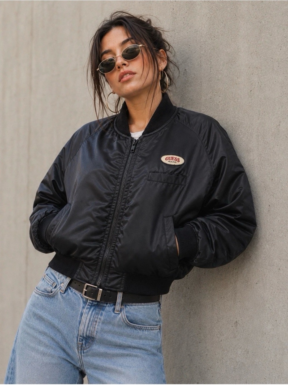 Guess Jeans black satin bomber jacket Vintage 80’s-90’s Size M Cropped